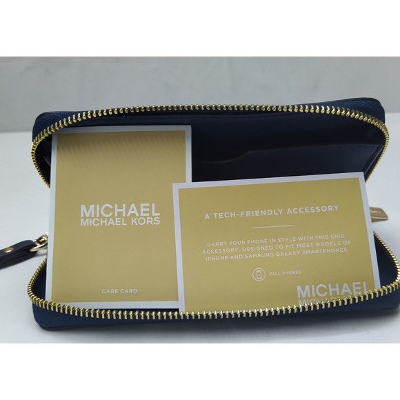 Michael Kors Jet Set Travel Navy Blue Leather Zip Around Phone Case Wallet - NWT - Picture 12 of 16